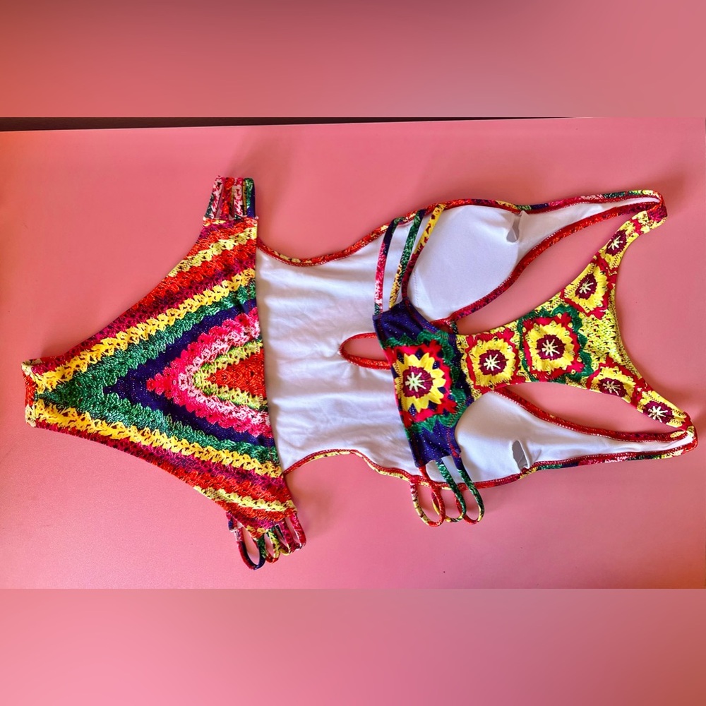 Rainbow Faux Crochet One Piece Swimsuit - Picture 7 of 13
